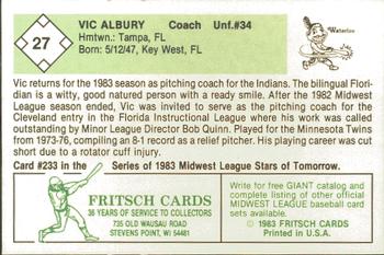 1983 Fritsch Waterloo Indians #27 Vic Albury Back