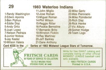 1983 Fritsch Waterloo Indians #29 Team Logo Back