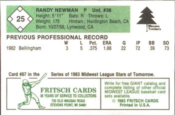 1983 Fritsch Wausau Timbers #25 Randy Newman Back