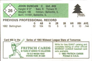 1983 Fritsch Wausau Timbers #26 John Duncan Back