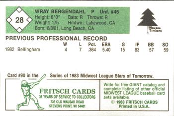 1983 Fritsch Wausau Timbers #28 Wray Bergendahl Back