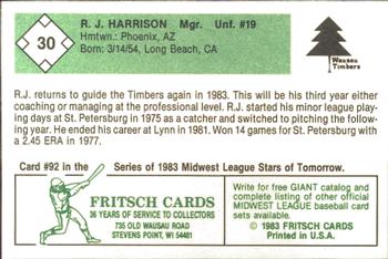 1983 Fritsch Wausau Timbers #30 R.J. Harrison Back