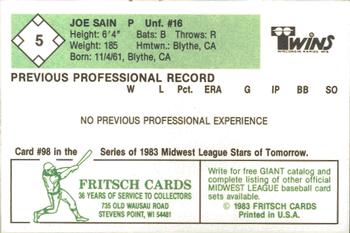 1983 Fritsch Wisconsin Rapids Twins #5 Joe Sain Back