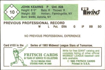 1983 Fritsch Wisconsin Rapids Twins #10 John Kearns Back