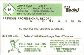 1983 Fritsch Wisconsin Rapids Twins #16 Danny Clay Back
