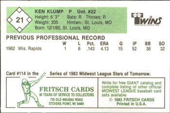 1983 Fritsch Wisconsin Rapids Twins #21 Ken Klump Back