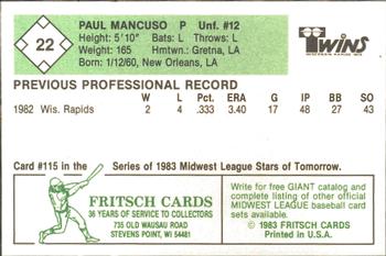 1983 Fritsch Wisconsin Rapids Twins #22 Paul Mancuso Back