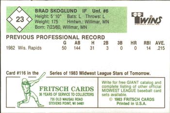 1983 Fritsch Wisconsin Rapids Twins #23 Brad Skoglund Back