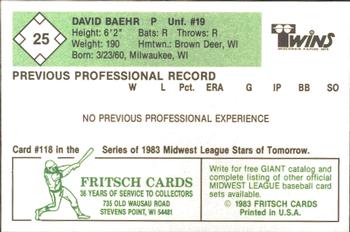 1983 Fritsch Wisconsin Rapids Twins #25 David Baehr Back