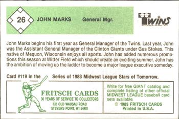 1983 Fritsch Wisconsin Rapids Twins #26 John Marks Back