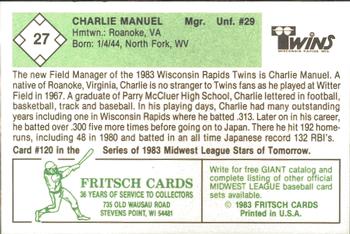 1983 Fritsch Wisconsin Rapids Twins #27 Charlie Manuel Back