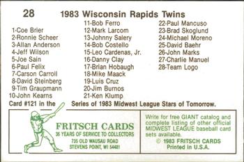 1983 Fritsch Wisconsin Rapids Twins #28 Team Logo Back