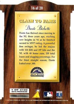 1996 Select - Claim to Fame #16 Dante Bichette Back