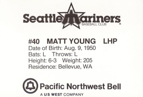1986 Pacific Northwest Bell Seattle Mariners #NNO Matt Young Back