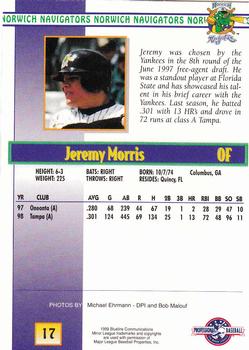 1999 Blueline Norwich Navigators #17 Jeremy Morris Back