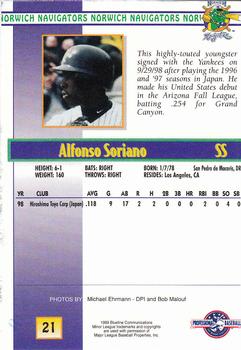 1999 Blueline Norwich Navigators #21 Alfonso Soriano Back