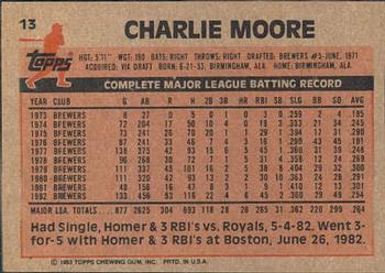 1983 Topps Gardner's Bakery Milwaukee Brewers #13 Charlie Moore Back