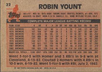 1983 Topps Gardner's Bakery Milwaukee Brewers #22 Robin Yount Back