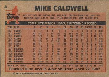 1983 Topps Gardner's Bakery Milwaukee Brewers #4 Mike Caldwell Back