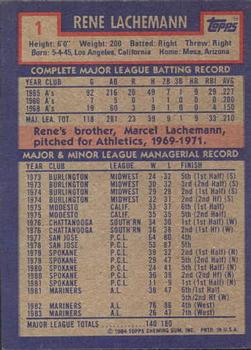 1984 Topps Gardner's Bakery Milwaukee Brewers #1 Rene Lachemann Back