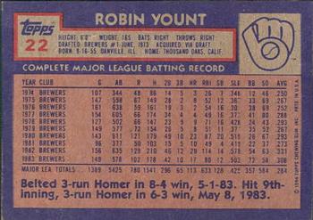 1984 Topps Gardner's Bakery Milwaukee Brewers #22 Robin Yount Back