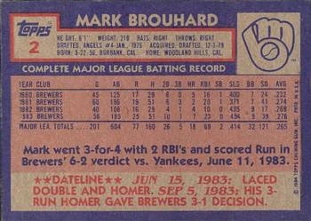 1984 Topps Gardner's Bakery Milwaukee Brewers #2 Mark Brouhard Back