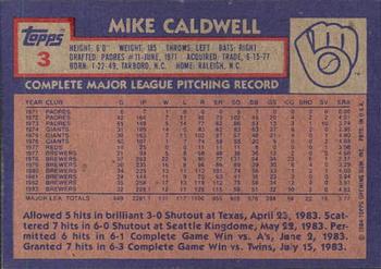 1984 Topps Gardner's Bakery Milwaukee Brewers #3 Mike Caldwell Back
