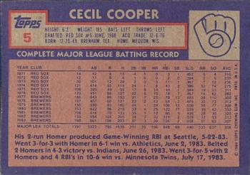 1984 Topps Gardner's Bakery Milwaukee Brewers #5 Cecil Cooper Back