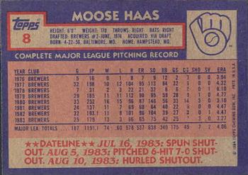 1984 Topps Gardner's Bakery Milwaukee Brewers #8 Moose Haas Back