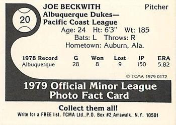 1979 TCMA Albuquerque Dukes #20 Joe Beckwith Back