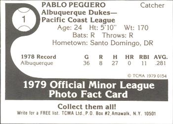 1979 TCMA Albuquerque Dukes #1 Pablo Peguero Back