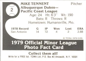 1979 TCMA Albuquerque Dukes #2 Mike Tennant Back