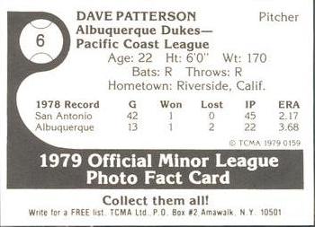 1979 TCMA Albuquerque Dukes #6 Dave Patterson Back