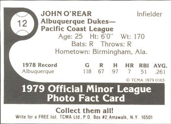 1979 TCMA Albuquerque Dukes #12 John O'Rear Back