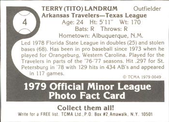 1979 TCMA Arkansas Travelers #4 Terry Landrum Back