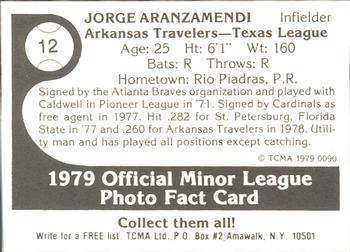 1979 TCMA Arkansas Travelers #12 Jorge Aranzamendi Back