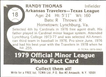 1979 TCMA Arkansas Travelers #18 Randy Thomas Back