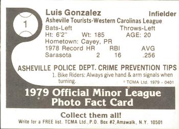 1979 TCMA Asheville Tourists #1 Luis Gonzalez Back
