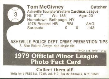 1979 TCMA Asheville Tourists #3 Tom McGivney Back