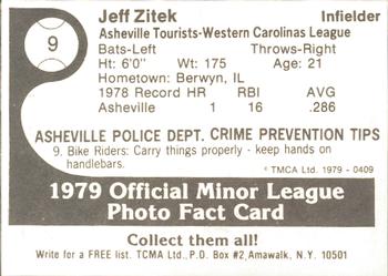 1979 TCMA Asheville Tourists #9 Jeff Zitek Back