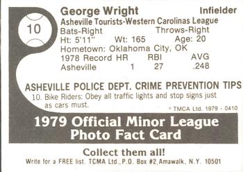 1979 TCMA Asheville Tourists #10 George Wright Back