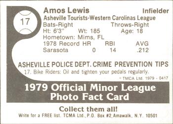1979 TCMA Asheville Tourists #17 Amos Lewis Back