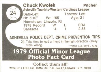 1979 TCMA Asheville Tourists #24 Chuck Kwolek Back