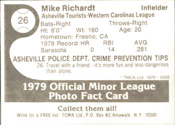 1979 TCMA Asheville Tourists #26 Mike Richardt Back
