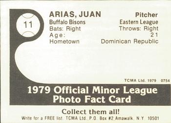 1979 TCMA Buffalo Bisons #11 Juan Arias Back