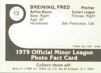 1979 TCMA Buffalo Bisons #13 Fred Breining Back