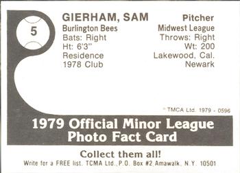 1979 TCMA Burlington Bees #5 Sam Gierhan Back