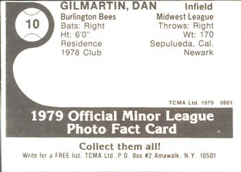 1979 TCMA Burlington Bees #10 Dan Gilmartin Back