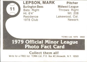 1979 TCMA Burlington Bees #11 Mark Lepson Back