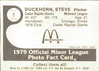 1979 TCMA Cedar Rapids Giants #1 Steve Duckhorn Back
